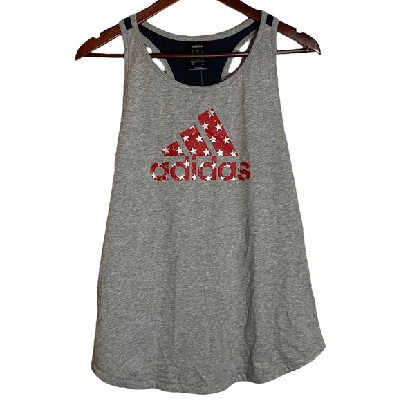 Adidas Heather Gray Tank Top Red Silver Stars Logo Black Red Cotton Medium M - Picture 1 of 15